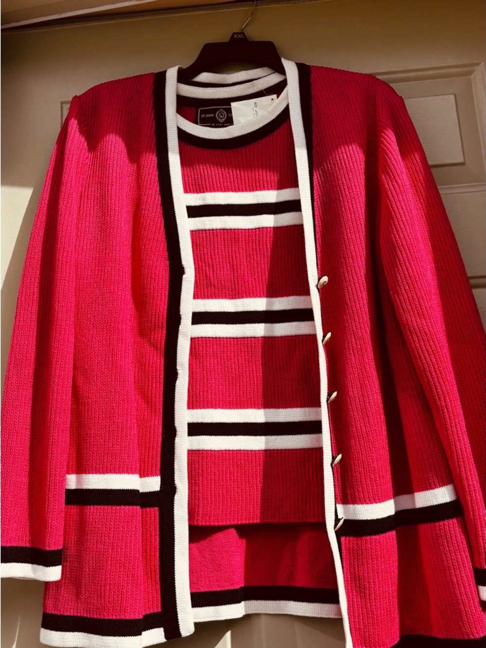 Vintage St. John Sport by Marie Gray Fushia White & Black Knit Cardigan Set NWT